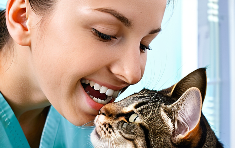 **A veterinarian gently examining a cat's teeth during a routine dental checkup. The cat is calm and relaxed in the vet's arms. The background shows a clean and modern veterinary clinic.** This image visually represents the "Role of Veterinary Dental Care" and emphasizes the importance of regular professional checkups.