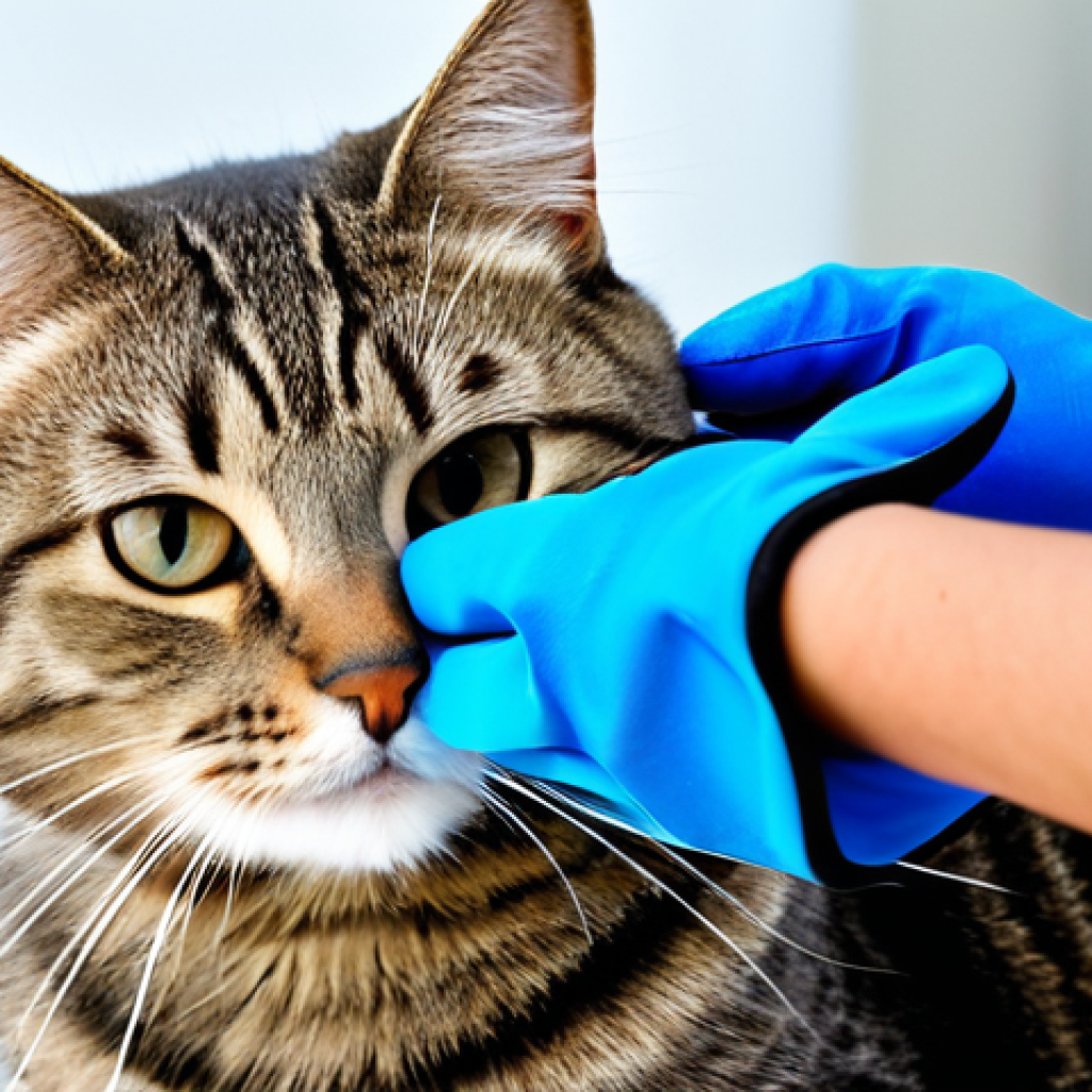 Cat enjoying grooming with a glove**
"A happy, short-haired tabby cat being gently groomed with a blue grooming glove by a person's hand, fur flying softly, in a bright living room setting, fully clothed hand, appropriate content, safe for work, perfect anatomy, natural proportions, family-friendly, professional photography, high quality, modest setting."
**
