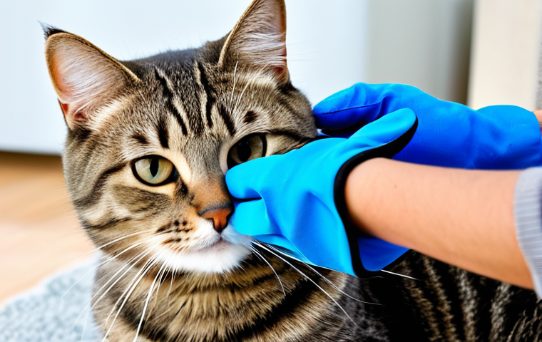 Cat enjoying grooming with a glove**
"A happy, short-haired tabby cat being gently groomed with a blue grooming glove by a person's hand, fur flying softly, in a bright living room setting, fully clothed hand, appropriate content, safe for work, perfect anatomy, natural proportions, family-friendly, professional photography, high quality, modest setting."
**