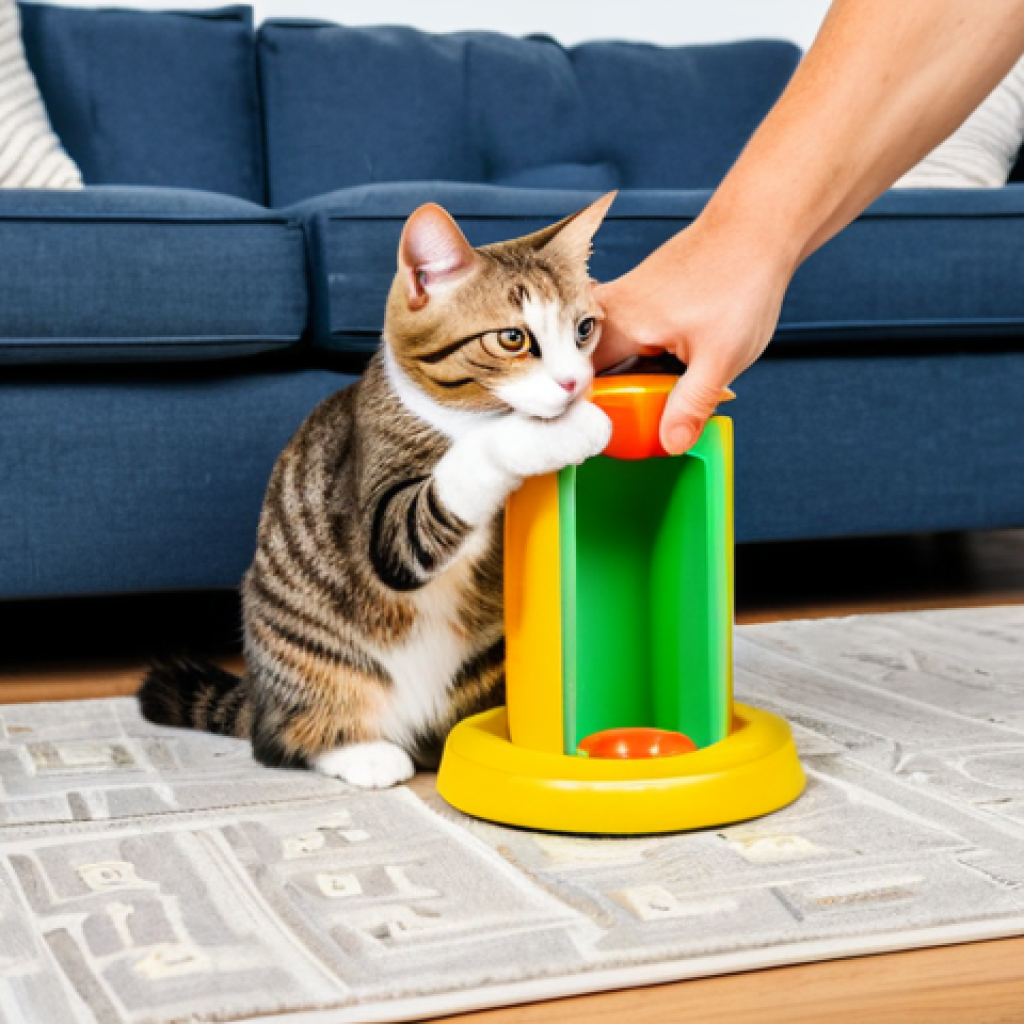 **Prompt:** A playful tabby cat interacting with a puzzle feeder toy in a bright, family-friendly living room. The cat is fully clothed in an imaginary tiny vest. The puzzle feeder is colorful and filled with kibble. Background shows a comfortable sofa and a scratching post. Perfect anatomy, correct proportions, natural pose, well-formed hands (paws), proper finger (toe) count, safe for work, appropriate content, fully clothed, professional, family-friendly, high quality.
