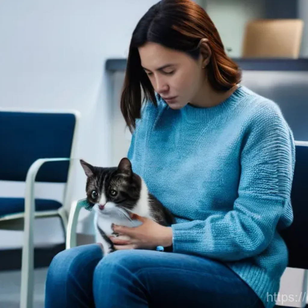 고양이 보험 추천 - **Prompt:** A concerned pet parent, a woman in her late 30s with an anxious expression, sitting in a...