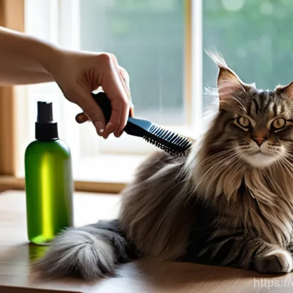 고양이 털 엉킴 방지법 - **Prompt:** A serene indoor scene depicting a person gently grooming a magnificent long-haired Maine...