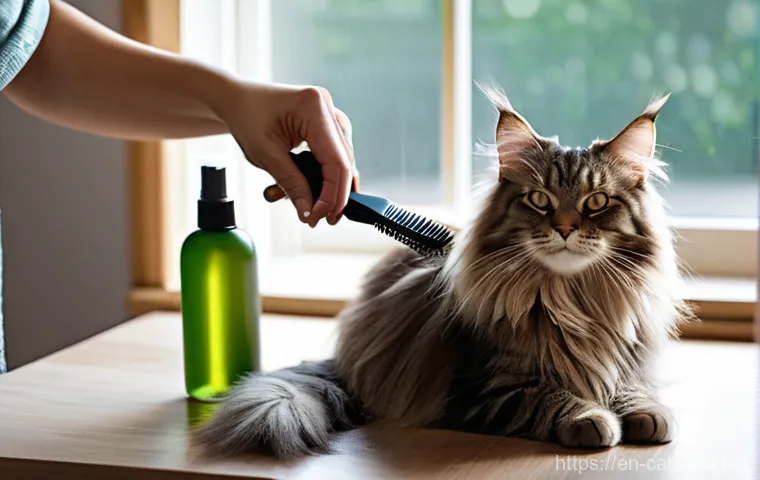 고양이 털 엉킴 방지법 - **Prompt:** A serene indoor scene depicting a person gently grooming a magnificent long-haired Maine...
