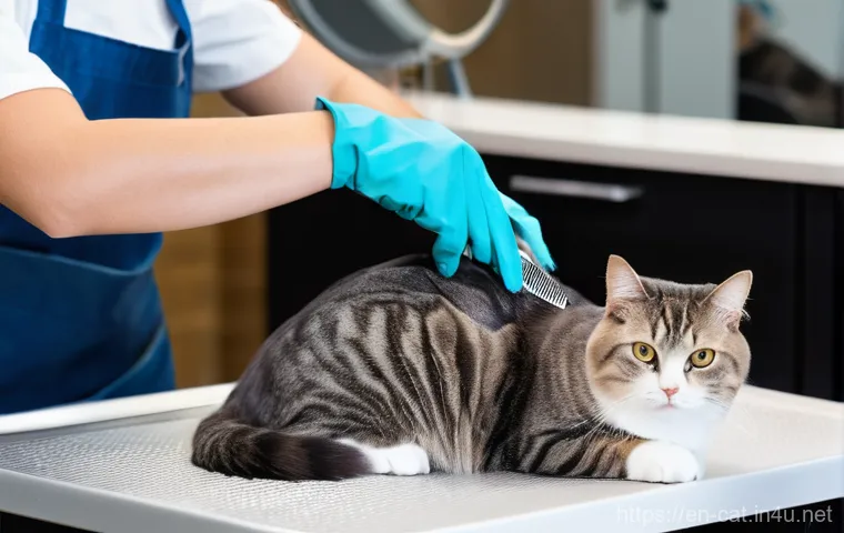고양이 털 엉킴 방지법 - **Prompt:** A heartwarming close-up shot of a tabby cat enjoying a grooming session with its owner. ...