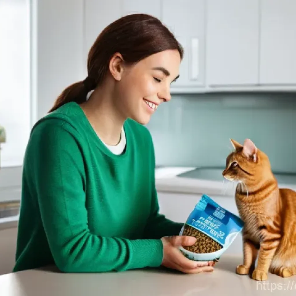 고양이 영양학 연구 - **Prompt:** A young adult woman, with a thoughtful expression and wearing casual yet neat attire, is...