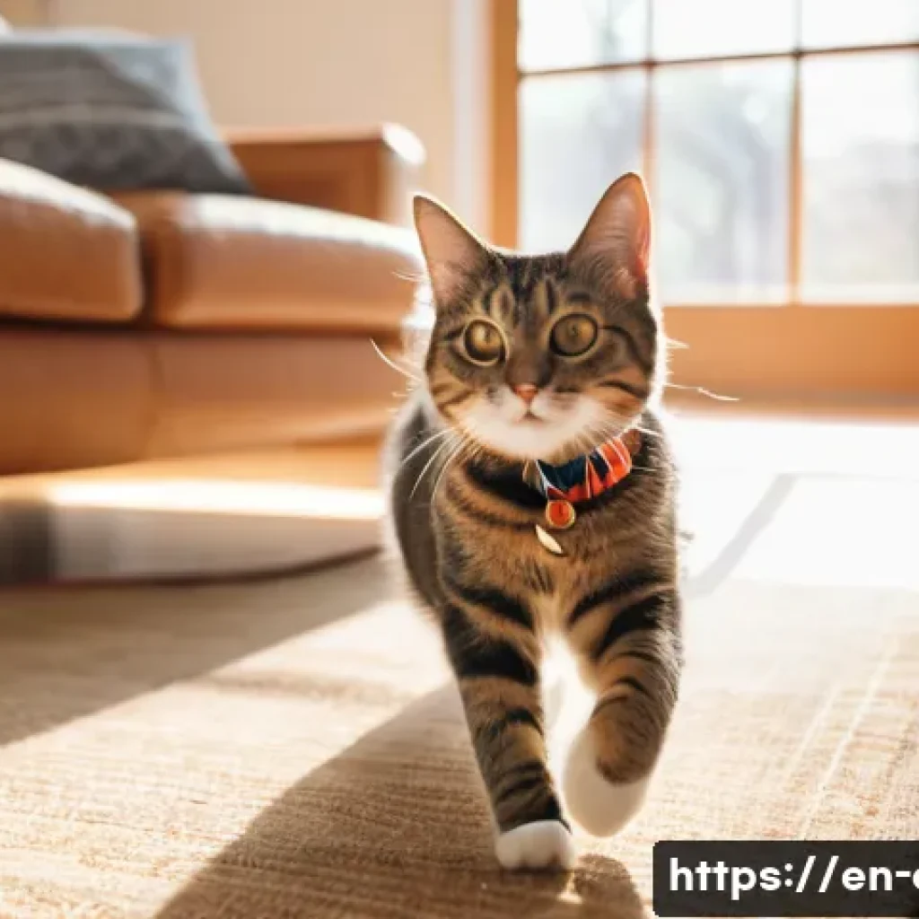 고양이의 특이 행동 분석 - A lively domestic short-haired cat mid-zoomie, captured in motion as it dashes across a cozy living ...
