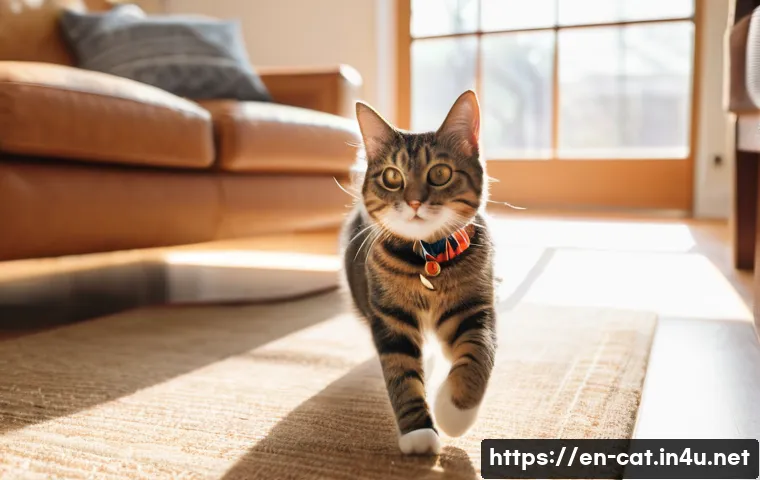 고양이의 특이 행동 분석 - A lively domestic short-haired cat mid-zoomie, captured in motion as it dashes across a cozy living ...