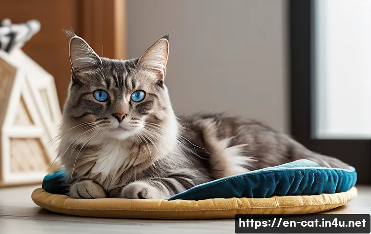 고양이 유전자 검사 - A cozy, sunlit living room scene featuring a mixed-breed domestic shorthair cat with distinctive Sia...