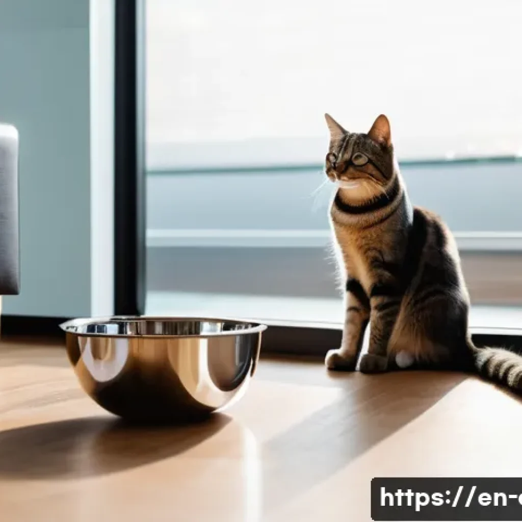 고양이의 물 섭취량 체크 - A cozy indoor living room scene featuring a sleek stainless steel cat water bowl filled with clear w...