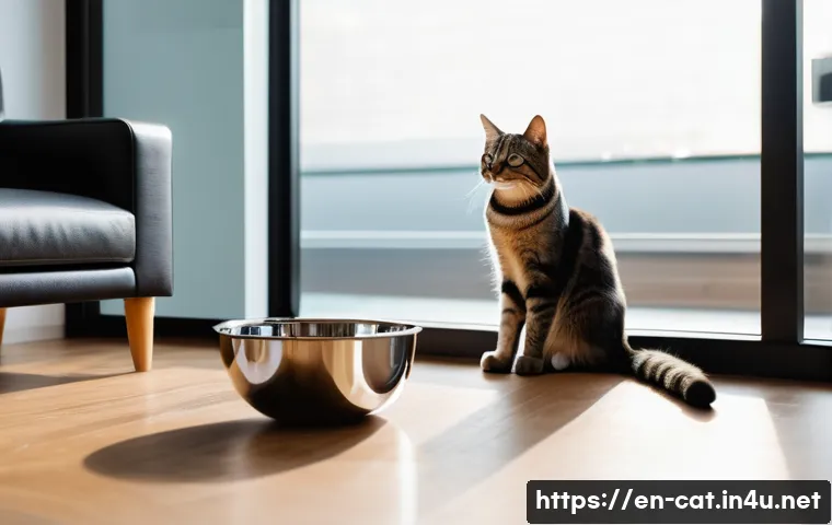 고양이의 물 섭취량 체크 - A cozy indoor living room scene featuring a sleek stainless steel cat water bowl filled with clear w...