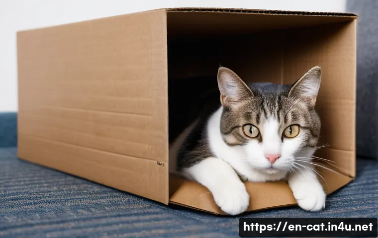 고양이 멘탈 건강 관리 - A detailed, cozy indoor scene showing a stressed domestic short-haired cat hiding inside a small car...