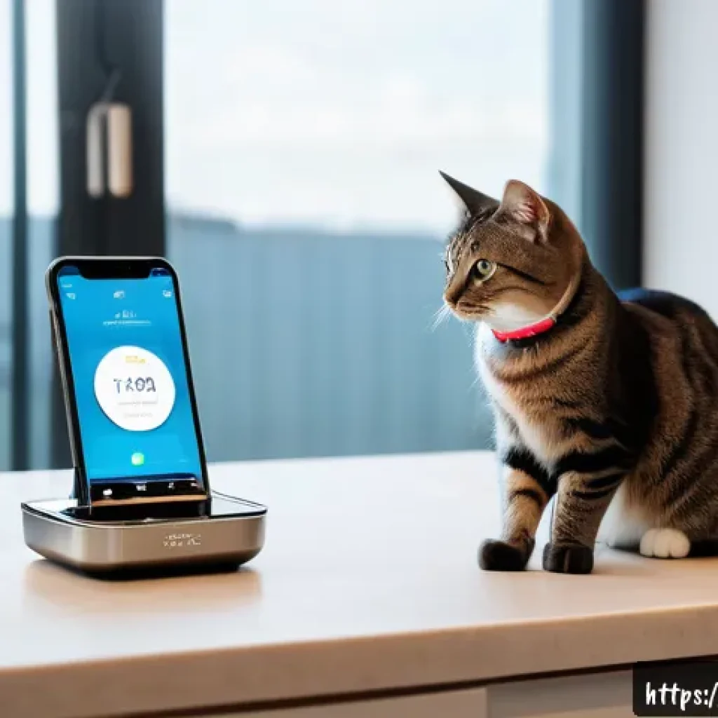 고양이 자율 급식기 추천 - A cozy modern kitchen scene featuring a sleek smart cat feeder on a countertop, made of stainless st...