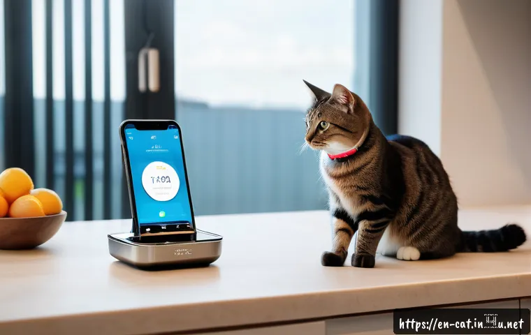 고양이 자율 급식기 추천 - A cozy modern kitchen scene featuring a sleek smart cat feeder on a countertop, made of stainless st...