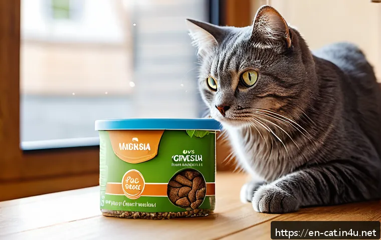 고양이 간식 건강 비교 - A cozy indoor scene featuring a healthy adult domestic shorthair cat eagerly enjoying a variety of p...