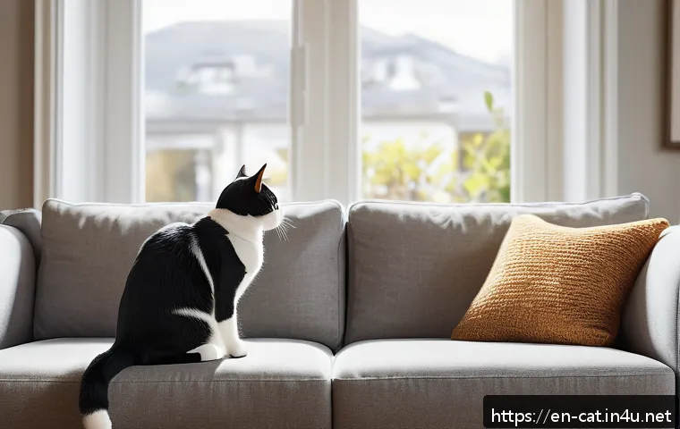 고양이 습관 변화 원인 - A cozy indoor scene featuring a domestic short-haired cat cautiously observing a new small dog in th...