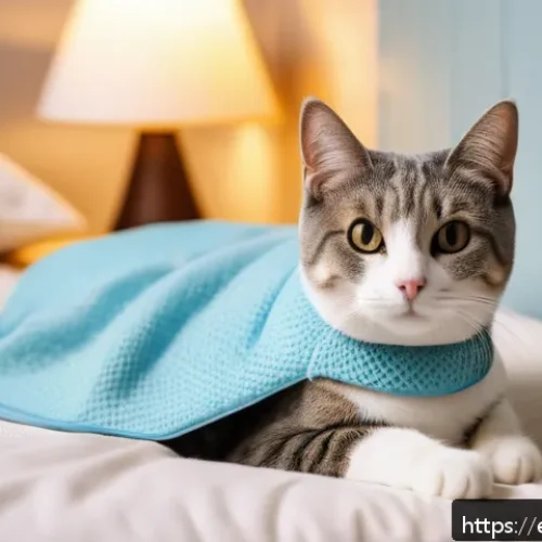 고양이 중성화 수술 후기 - A cozy indoor recovery corner for a cat post-surgery, featuring soft pastel-colored bedding inside a...