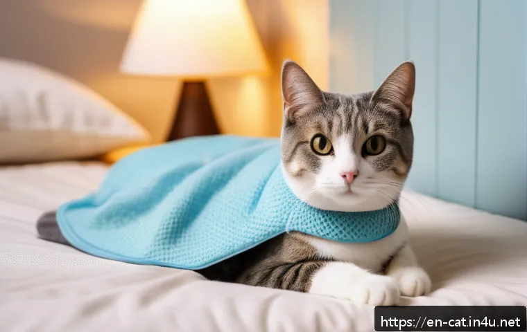 고양이 중성화 수술 후기 - A cozy indoor recovery corner for a cat post-surgery, featuring soft pastel-colored bedding inside a...