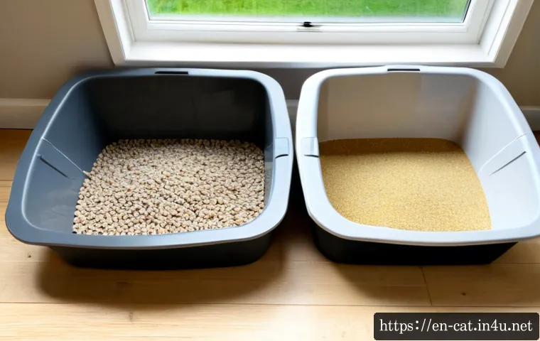 고양이 화장실 모래 비교 - Photorealistic side-by-side comparison scene of three open cat litter trays on a clean light wood fl...