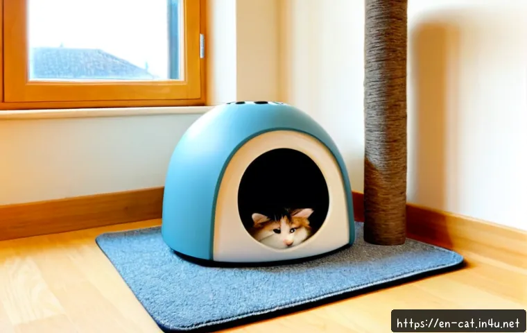 고양이 데려오기 전 준비 - Photorealistic bright living room prepared for a newly adopted cat, tidy cozy sofa, sturdy scratchin...